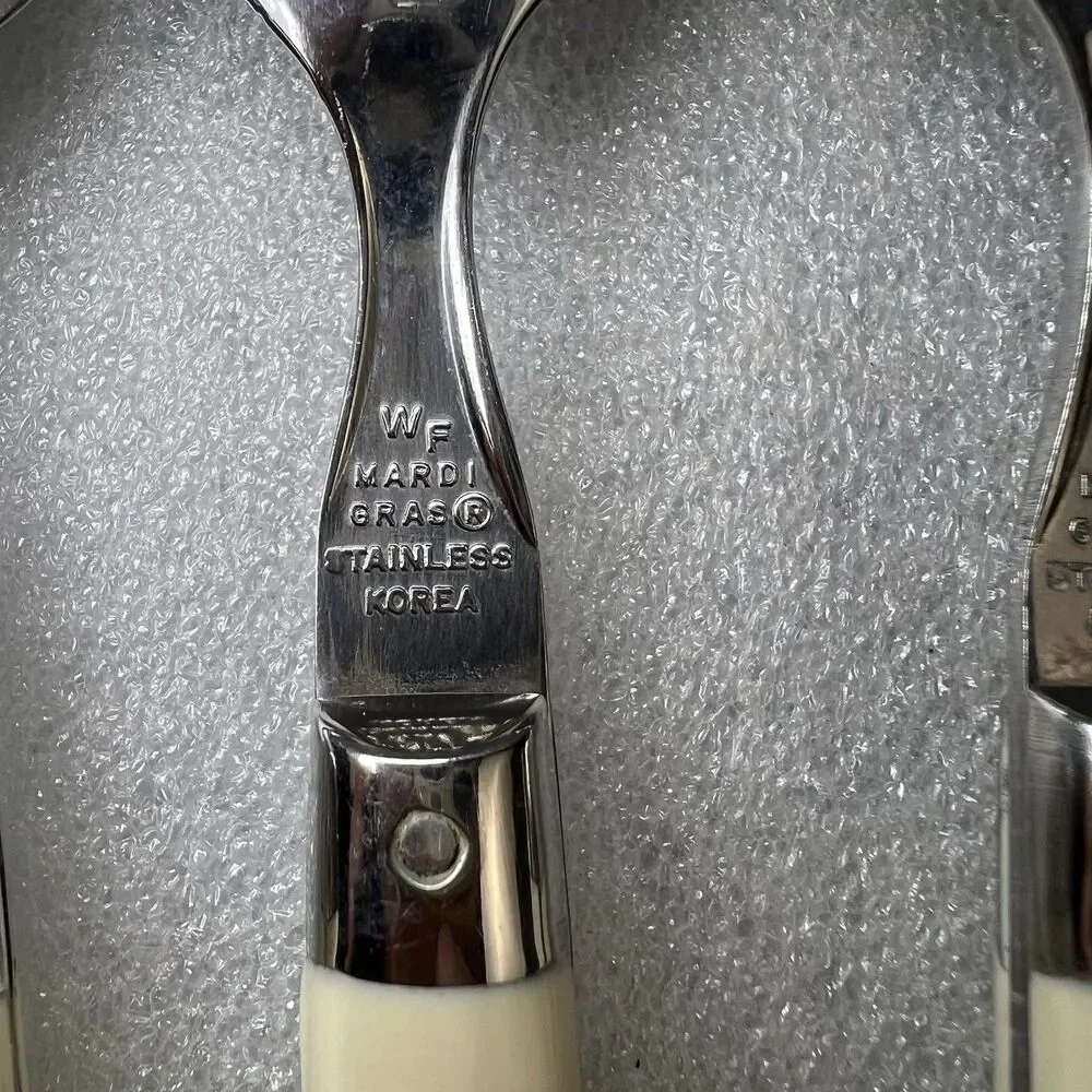 Vintage WF Mardi Gras Stainless Flatware White Handle MCM 20 Piece Set Served 4